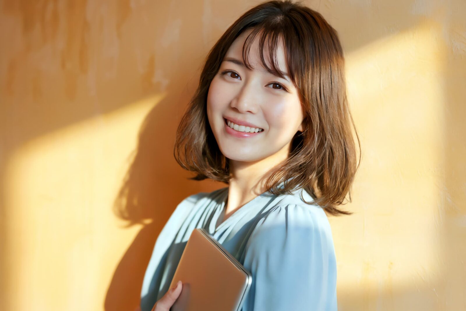 本をもって笑顔の女性